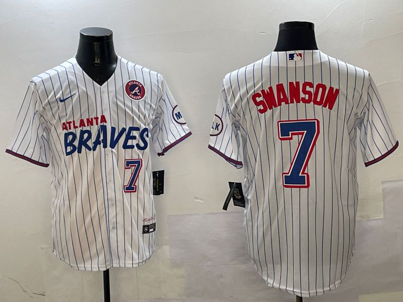 Men Atlanta Braves #7 Swanson White Stripe Fashion Game 2025 Nike MLB Jersey style 2